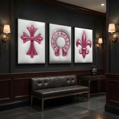 Chrome Hearts Hypebeast Wall Art Poster Set of 3, Black Silver Gothic Cross Art, Horseshoe Print, Fleur De Lis Luxury Y2K Room Decor