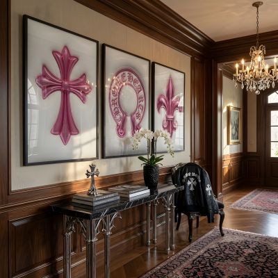 Chrome Hearts Hypebeast Wall Art Poster Set of 3, Black Silver Gothic Cross Art, Horseshoe Print, Fleur De Lis Luxury Y2K Room Decor