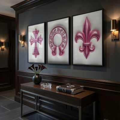 Chrome Hearts Hypebeast Wall Art Poster Set of 3, Black Silver Gothic Cross Art, Horseshoe Print, Fleur De Lis Luxury Y2K Room Decor