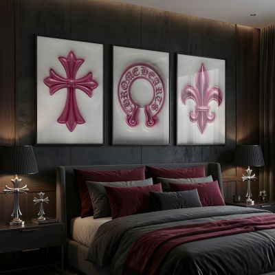 Chrome Hearts Hypebeast Wall Art Poster Set of 3, Black Silver Gothic Cross Art, Horseshoe Print, Fleur De Lis Luxury Y2K Room Decor