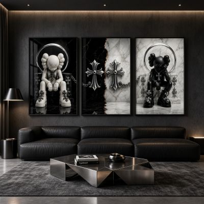Chrome Hearts Hypebeast Wall Art Poster Set of 3, Black Silver Gothic Cross Art, Horseshoe Print, Fleur De Lis Luxury Y2K Room Decor