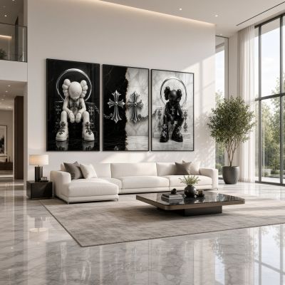 Chrome Hearts Hypebeast Wall Art Poster Set of 3, Black Silver Gothic Cross Art, Horseshoe Print, Fleur De Lis Luxury Y2K Room Decor