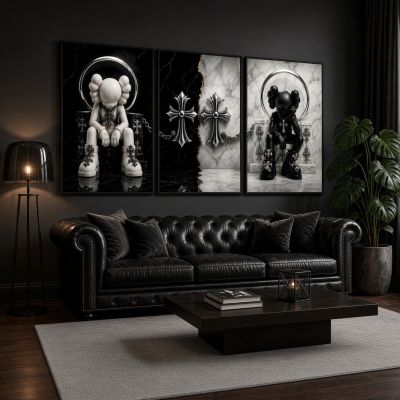 Chrome Hearts Hypebeast Wall Art Poster Set of 3, Black Silver Gothic Cross Art, Horseshoe Print, Fleur De Lis Luxury Y2K Room Decor