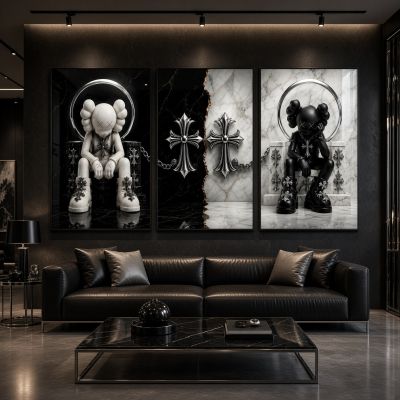 Chrome Hearts Hypebeast Wall Art Poster Set of 3, Black Silver Gothic Cross Art, Horseshoe Print, Fleur De Lis Luxury Y2K Room Decor