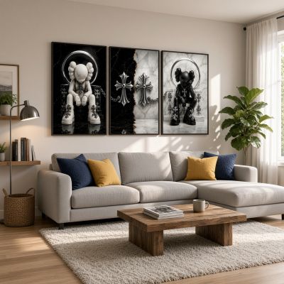 Chrome Hearts Hypebeast Wall Art Poster Set of 3, Black Silver Gothic Cross Art, Horseshoe Print, Fleur De Lis Luxury Y2K Room Decor