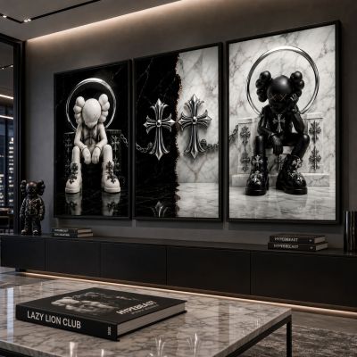Chrome Hearts Hypebeast Wall Art Poster Set of 3, Black Silver Gothic Cross Art, Horseshoe Print, Fleur De Lis Luxury Y2K Room Decor