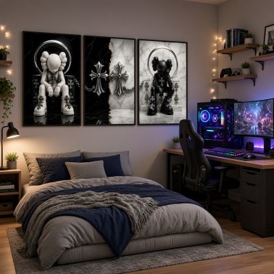 Chrome Hearts Hypebeast Wall Art Poster Set of 3, Black Silver Gothic Cross Art, Horseshoe Print, Fleur De Lis Luxury Y2K Room Decor