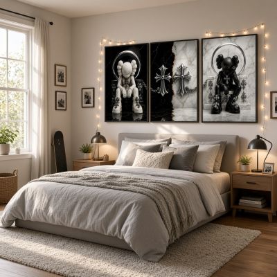 Chrome Hearts Hypebeast Wall Art Poster Set of 3, Black Silver Gothic Cross Art, Horseshoe Print, Fleur De Lis Luxury Y2K Room Decor