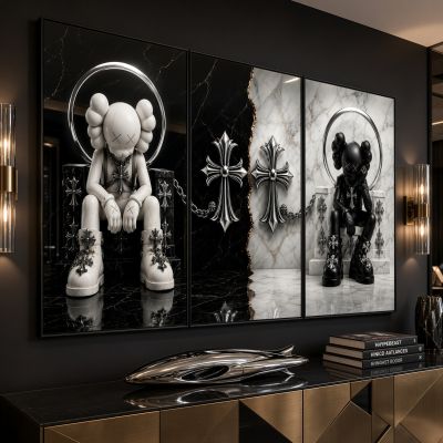Chrome Hearts Hypebeast Wall Art Poster Set of 3, Black Silver Gothic Cross Art, Horseshoe Print, Fleur De Lis Luxury Y2K Room Decor