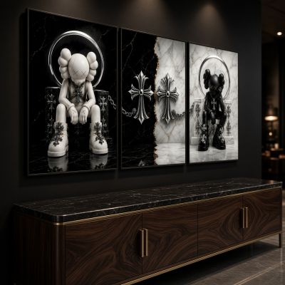 Chrome Hearts Hypebeast Wall Art Poster Set of 3, Black Silver Gothic Cross Art, Horseshoe Print, Fleur De Lis Luxury Y2K Room Decor
