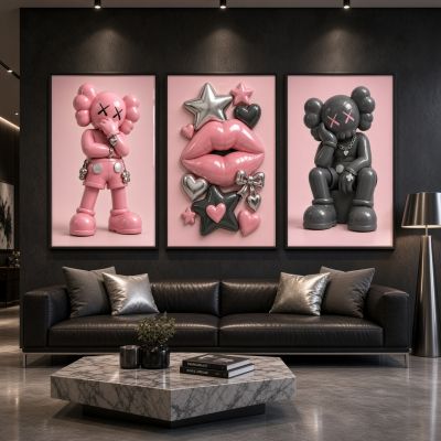 Kaws Girl Wall Art Set of 3, Girl Hypebeast Room Decor, Pink Grey Kaws Posters, Feminine Kaws Wall Art, Cool Girl Room Decor, Teen Girl Art