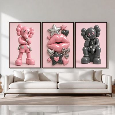Kaws Girl Wall Art Set of 3, Girl Hypebeast Room Decor, Pink Grey Kaws Posters, Feminine Kaws Wall Art, Cool Girl Room Decor, Teen Girl Art