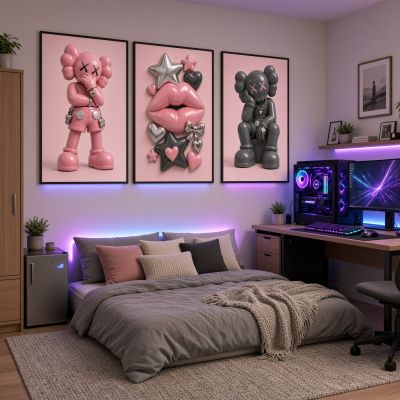 Kaws Girl Wall Art Set of 3, Girl Hypebeast Room Decor, Pink Grey Kaws Posters, Feminine Kaws Wall Art, Cool Girl Room Decor, Teen Girl Art