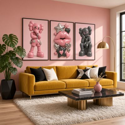 Kaws Girl Wall Art Set of 3, Girl Hypebeast Room Decor, Pink Grey Kaws Posters, Feminine Kaws Wall Art, Cool Girl Room Decor, Teen Girl Art