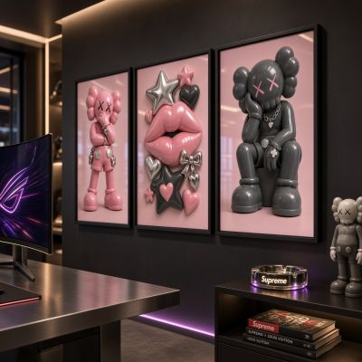 Kaws Girl Wall Art Set of 3, Girl Hypebeast Room Decor, Pink Grey Kaws Posters, Feminine Kaws Wall Art, Cool Girl Room Decor, Teen Girl Art