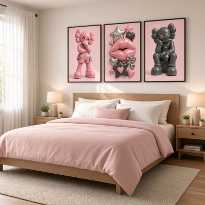 Kaws Girl Wall Art Set of 3, Girl Hypebeast Room Decor, Pink Grey Kaws Posters, Feminine Kaws Wall Art, Cool Girl Room Decor, Teen Girl Art