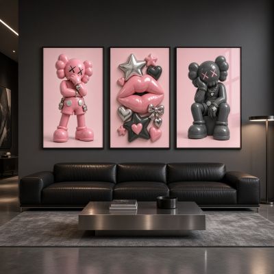 Kaws Girl Wall Art Set of 3, Girl Hypebeast Room Decor, Pink Grey Kaws Posters, Feminine Kaws Wall Art, Cool Girl Room Decor, Teen Girl Art