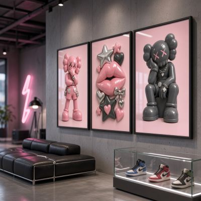 Kaws Girl Wall Art Set of 3, Girl Hypebeast Room Decor, Pink Grey Kaws Posters, Feminine Kaws Wall Art, Cool Girl Room Decor, Teen Girl Art