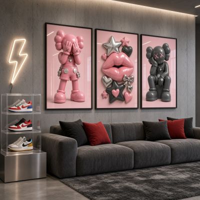 Kaws Girl Wall Art Set of 3, Girl Hypebeast Room Decor, Pink Grey Kaws Posters, Feminine Kaws Wall Art, Cool Girl Room Decor, Teen Girl Art