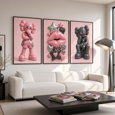 Kaws Girl Wall Art Set of 3, Girl Hypebeast Room Decor, Pink Grey Kaws Posters, Feminine Kaws Wall Art, Cool Girl Room Decor, Teen Girl Art