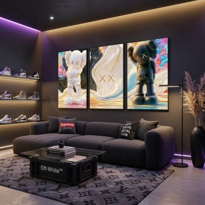 Kaws Girl Wall Art Set of 3, Girl Hypebeast Room Decor, Pink Grey Kaws Posters, Feminine Kaws Wall Art, Cool Girl Room Decor, Teen Girl Art