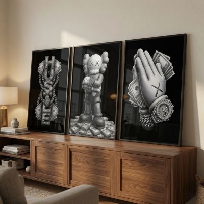 Kaws Girl Wall Art Set of 3, Girl Hypebeast Room Decor, Pink Grey Kaws Posters, Feminine Kaws Wall Art, Cool Girl Room Decor, Teen Girl Art
