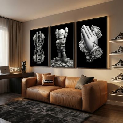 Kaws Girl Wall Art Set of 3, Girl Hypebeast Room Decor, Pink Grey Kaws Posters, Feminine Kaws Wall Art, Cool Girl Room Decor, Teen Girl Art
