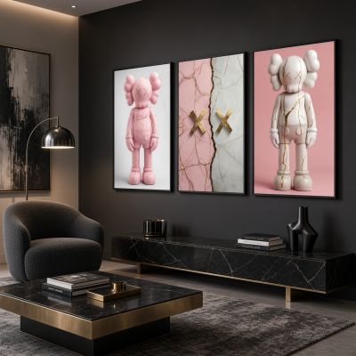 Kaws Girl Wall Art Set of 3, Girl Hypebeast Room Decor, Pink Grey Kaws Posters, Feminine Kaws Wall Art, Cool Girl Room Decor, Teen Girl Art
