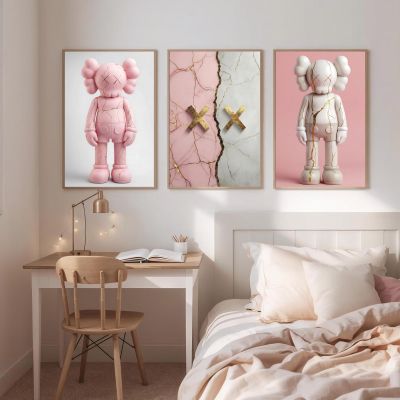 Kaws Girl Wall Art Set of 3, Girl Hypebeast Room Decor, Pink Grey Kaws Posters, Feminine Kaws Wall Art, Cool Girl Room Decor, Teen Girl Art