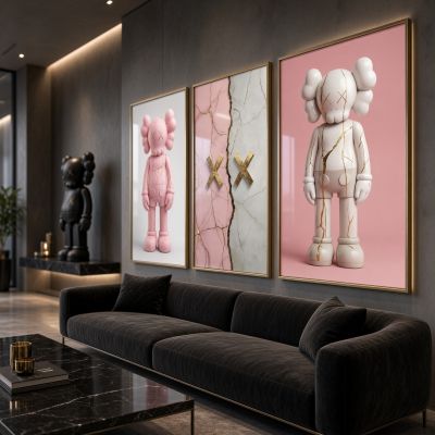 Kaws Girl Wall Art Set of 3, Girl Hypebeast Room Decor, Pink Grey Kaws Posters, Feminine Kaws Wall Art, Cool Girl Room Decor, Teen Girl Art