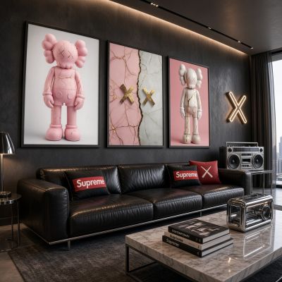 Kaws Girl Wall Art Set of 3, Girl Hypebeast Room Decor, Pink Grey Kaws Posters, Feminine Kaws Wall Art, Cool Girl Room Decor, Teen Girl Art