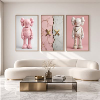 Kaws Girl Wall Art Set of 3, Girl Hypebeast Room Decor, Pink Grey Kaws Posters, Feminine Kaws Wall Art, Cool Girl Room Decor, Teen Girl Art