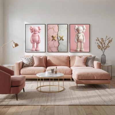 Kaws Girl Wall Art Set of 3, Girl Hypebeast Room Decor, Pink Grey Kaws Posters, Feminine Kaws Wall Art, Cool Girl Room Decor, Teen Girl Art