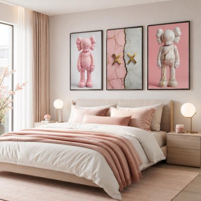 Kaws Girl Wall Art Set of 3, Girl Hypebeast Room Decor, Pink Grey Kaws Posters, Feminine Kaws Wall Art, Cool Girl Room Decor, Teen Girl Art