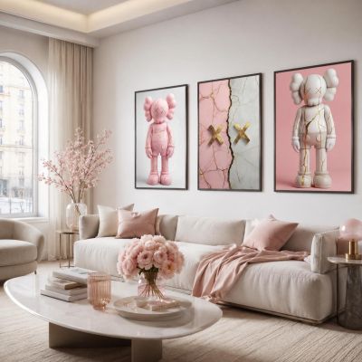 Kaws Girl Wall Art Set of 3, Girl Hypebeast Room Decor, Pink Grey Kaws Posters, Feminine Kaws Wall Art, Cool Girl Room Decor, Teen Girl Art