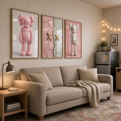 Kaws Girl Wall Art Set of 3, Girl Hypebeast Room Decor, Pink Grey Kaws Posters, Feminine Kaws Wall Art, Cool Girl Room Decor, Teen Girl Art