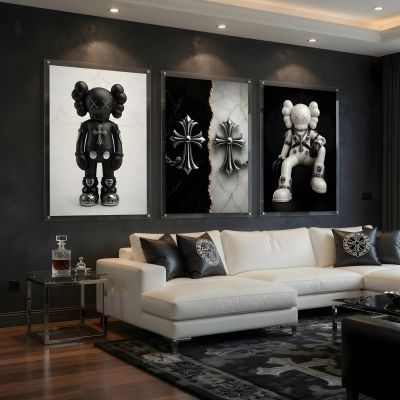 Chrome Hearts Hypebeast Wall Art Poster Set of 3, Black Silver Gothic Cross Art, Horseshoe Print, Fleur De Lis Luxury Y2K Room Decor