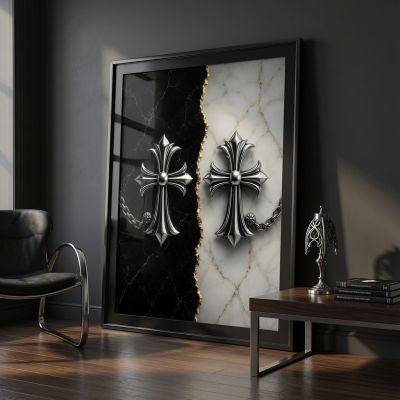 Chrome Hearts Hypebeast Wall Art Poster Set of 3, Black Silver Gothic Cross Art, Horseshoe Print, Fleur De Lis Luxury Y2K Room Decor