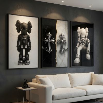 Chrome Hearts Hypebeast Wall Art Poster Set of 3, Black Silver Gothic Cross Art, Horseshoe Print, Fleur De Lis Luxury Y2K Room Decor