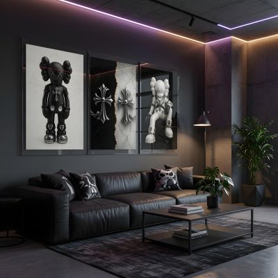 Chrome Hearts Hypebeast Wall Art Poster Set of 3, Black Silver Gothic Cross Art, Horseshoe Print, Fleur De Lis Luxury Y2K Room Decor