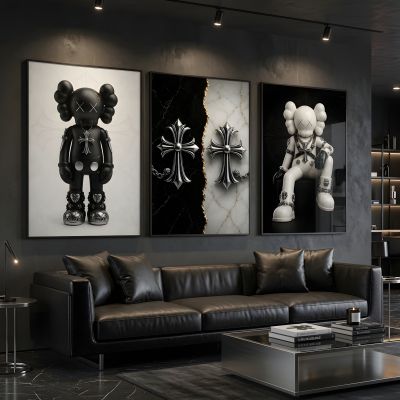 Chrome Hearts Hypebeast Wall Art Poster Set of 3, Black Silver Gothic Cross Art, Horseshoe Print, Fleur De Lis Luxury Y2K Room Decor