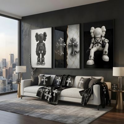 Chrome Hearts Hypebeast Wall Art Poster Set of 3, Black Silver Gothic Cross Art, Horseshoe Print, Fleur De Lis Luxury Y2K Room Decor
